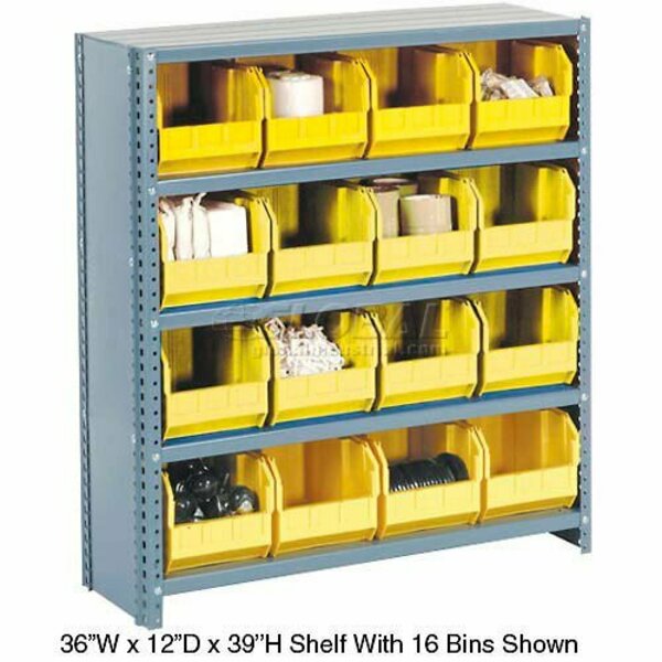 Global Industrial Steel Closed Shelving, 17 Yellow Plastic Stacking Bins 6 Shelves, 36x12x39 603259YL